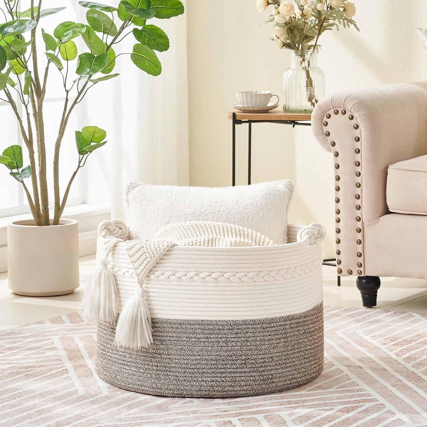 KAKAMAY Large Blanket Basket (20"x13"),Woven Baskets for storage Baby Laundry Hamper, Cotton Rope Blanket Basket for Living Room, Laundry, Nursery, Pillows, Baby Toy chest (White/Beige)