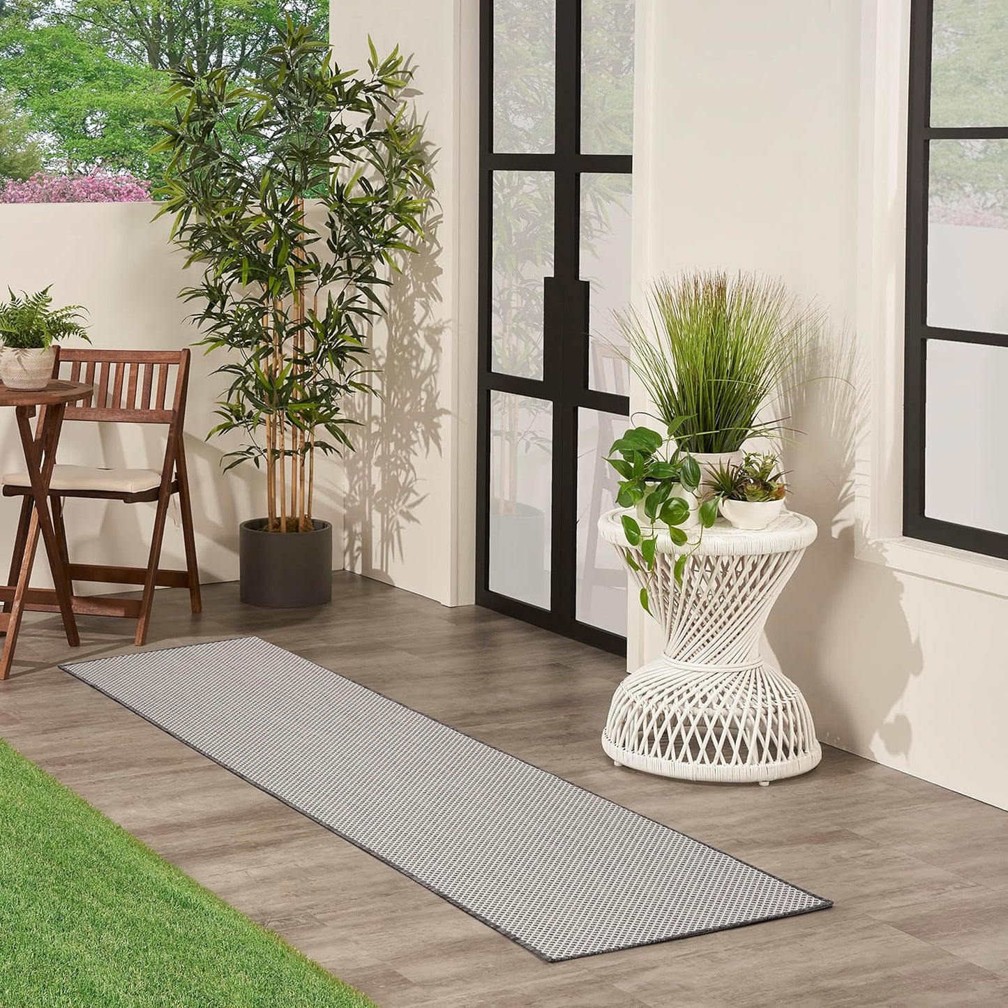 Nourison Home Courtyard 8' Runner Ivory Charcoal Fabric Modern Area Rug (8' Runner)