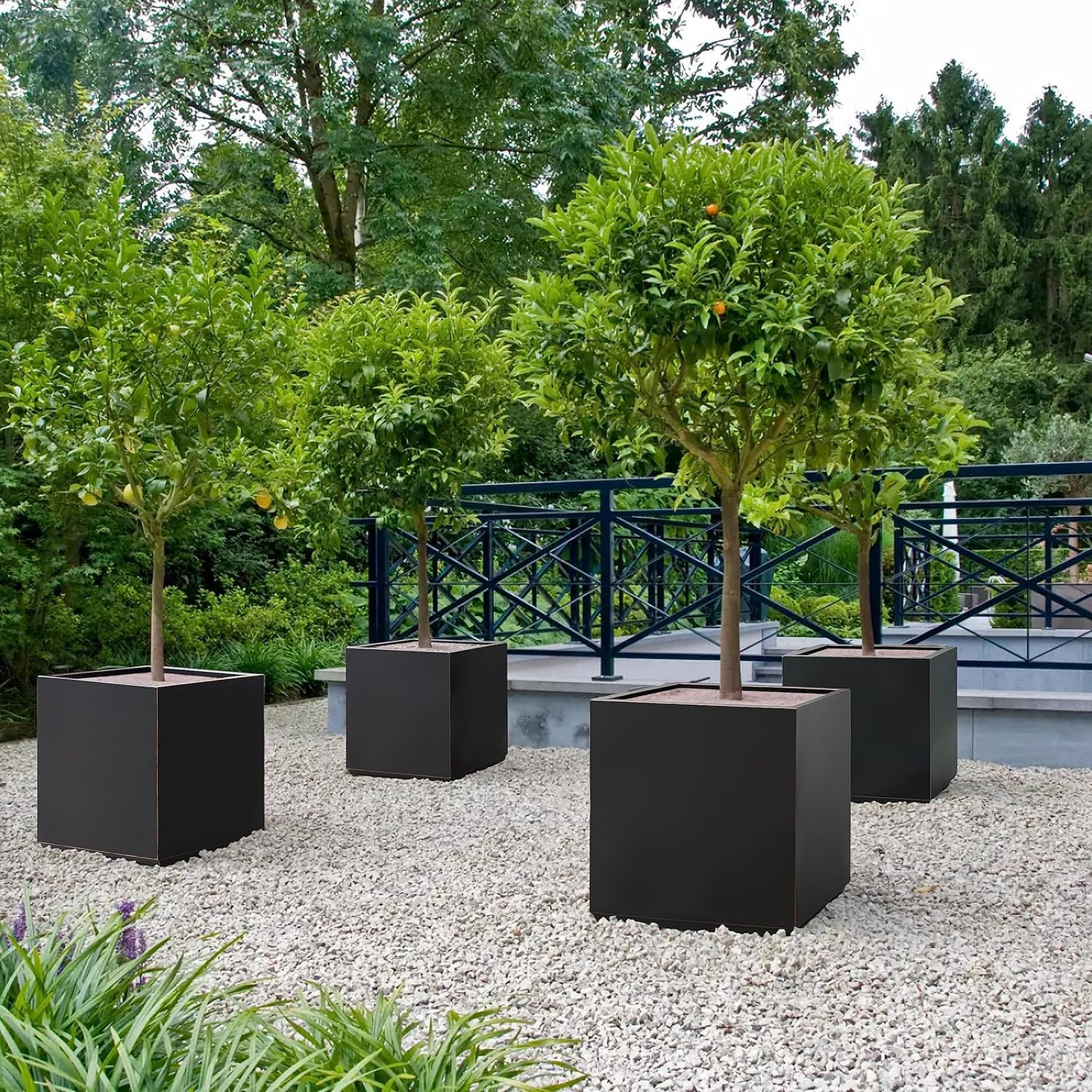 Metallic Heavy Cube Planter Box, No Assemble, Seamless Large Square Planter for Trees, Plants and Flowers 21”Lx21”Wx24”H 35Pounds Black with Hand Brushed Gold Rim
