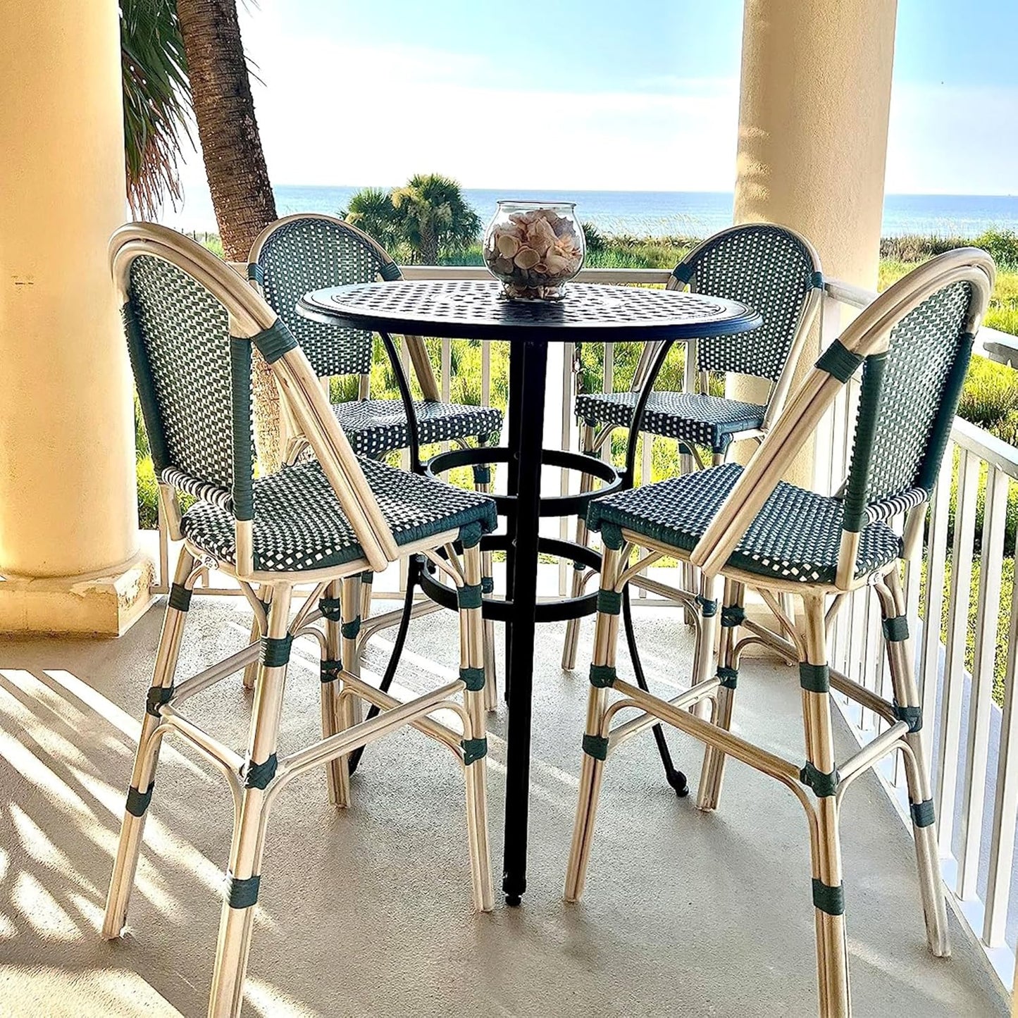 PURPLE LEAF French Bar Stool Set of 2 White Print Finish Patio Bar Stools with Back Rattan Chairs Wicker Bar Height Stool 30" with Footrest Kitchen Island Stools Outdoor Barstool Light Blue