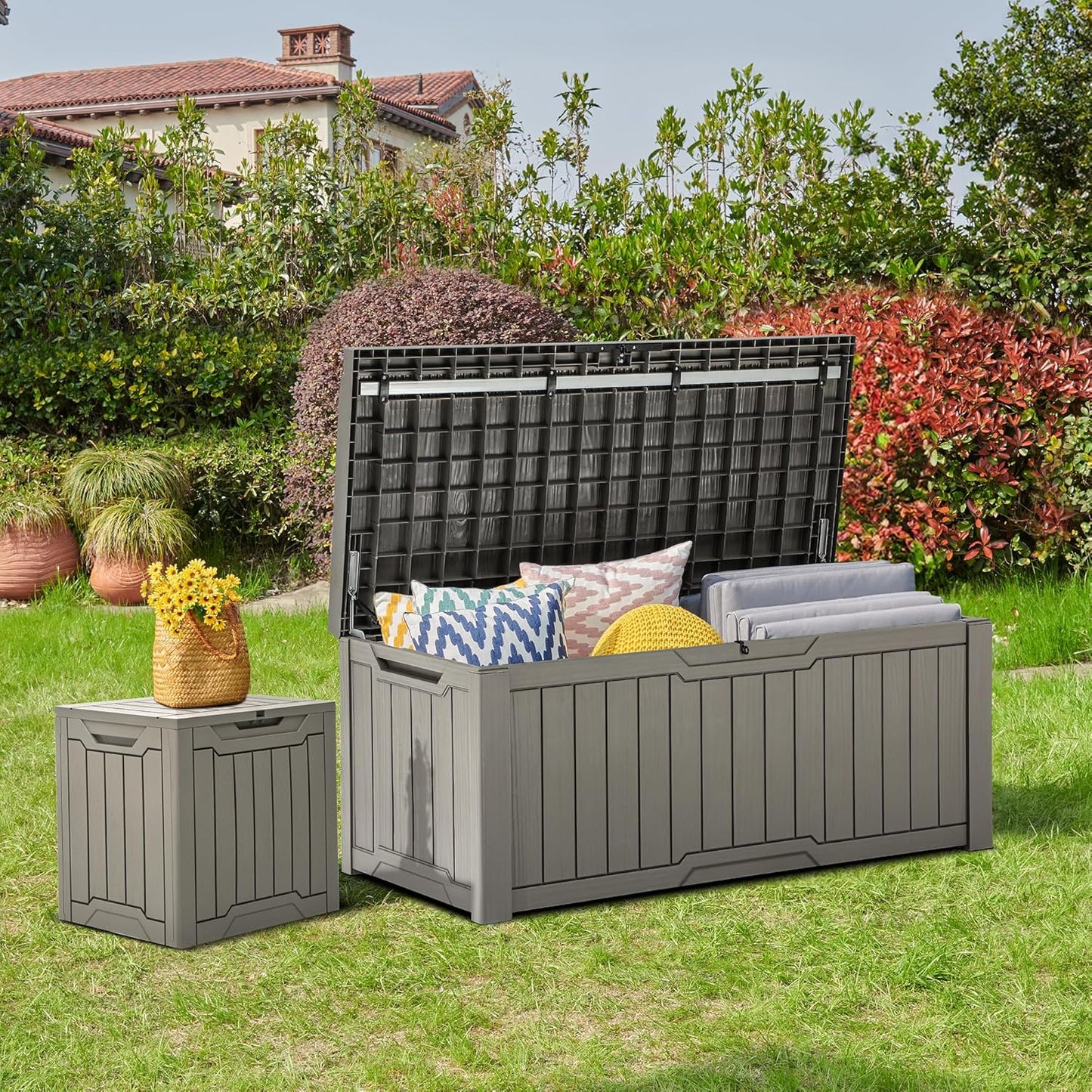 YITAHOME 120 Gallon Outdoor Storage Deck Box with Cushion, Large Resin Patio Storage for Outdoor Pillows, Garden Tools and Pool-Supplies, Waterproof, Lockable (Taupe)