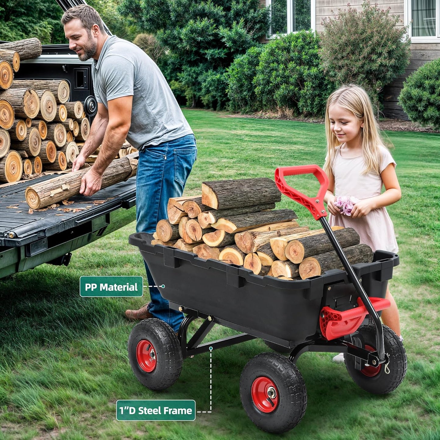 800lb Garden Dump Cart, Heavy Duty Wheelbarrow Dump Wagon with 4 Wheels&Quick-Release Dumping,Utility Wagon Carts for Yard,Farm and Garden