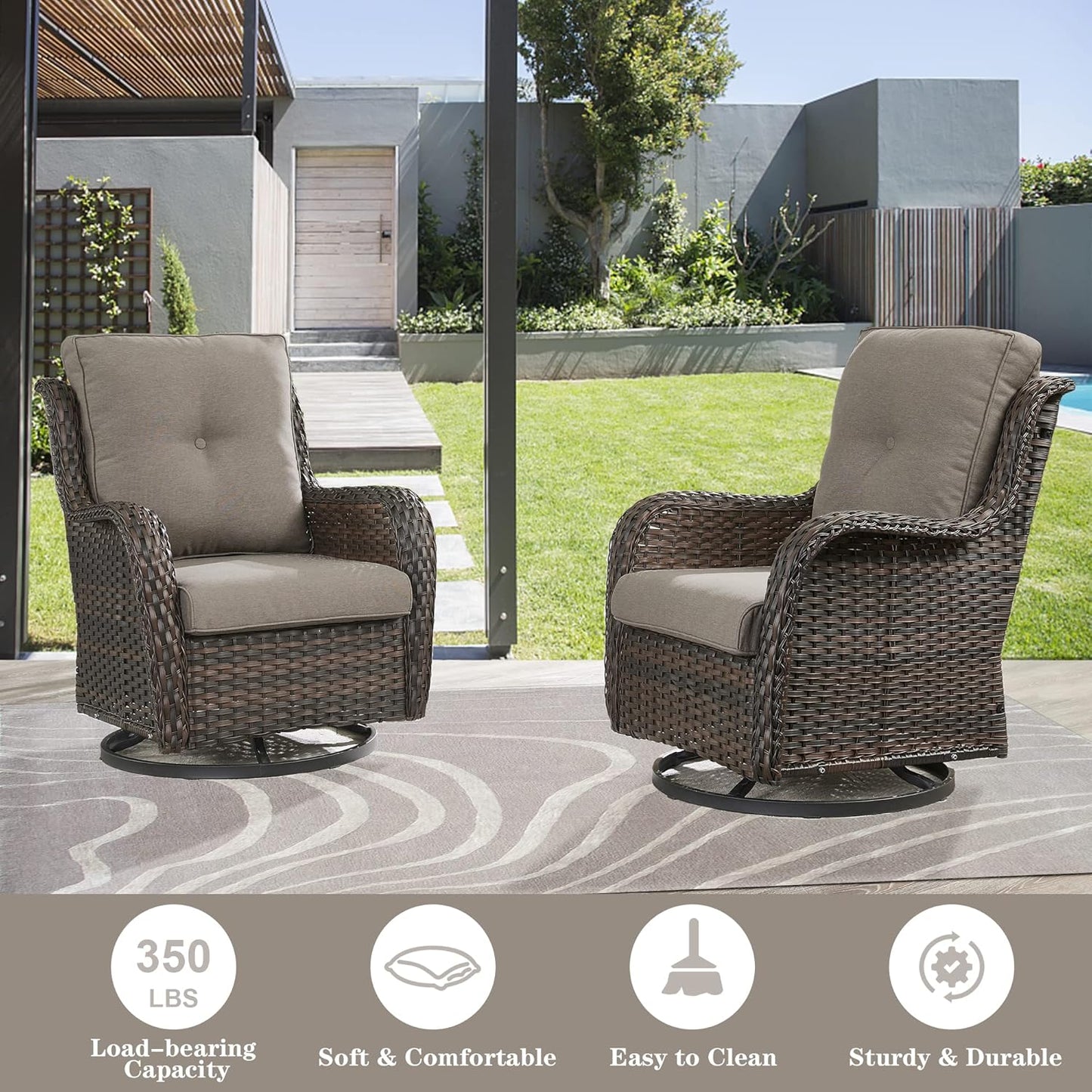 Outdoor Furniture Sectional Sofa L Shaped Couch - Patio Wicker Set with 2 Swivel Glider Chairs, 5 Piece Rattan Patio Conversation Sets with Gray Cushion for Deck Backyard Sunroom