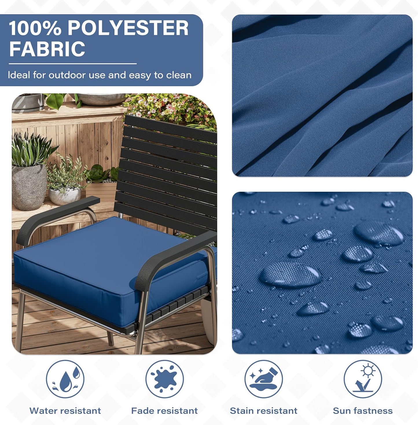 Patio Chair Cushions 24 X 24 X 5 Inch Waterproof Outdoor Seat Cushions for Patio Furniture, Outdoor Sofa Couch Pads with Ties & Handle, Set of 2, Blue