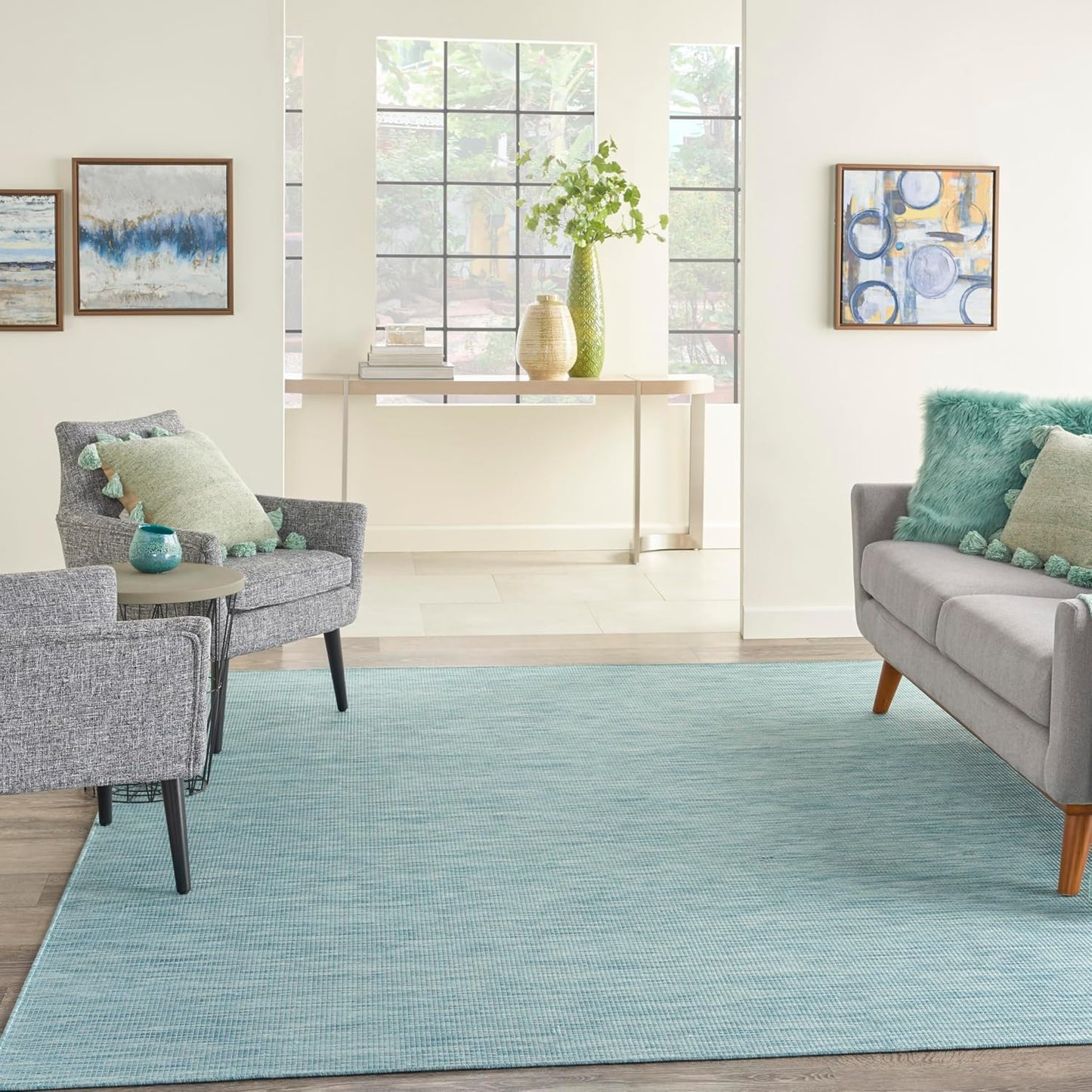 Nourison Positano Indoor-Outdoor Aqua 9' x 12' Area Rug, Easy Cleaning, Non Shedding, Bed Room, Living Room, Dining Room, Backyard, Deck, Patio (9x12)