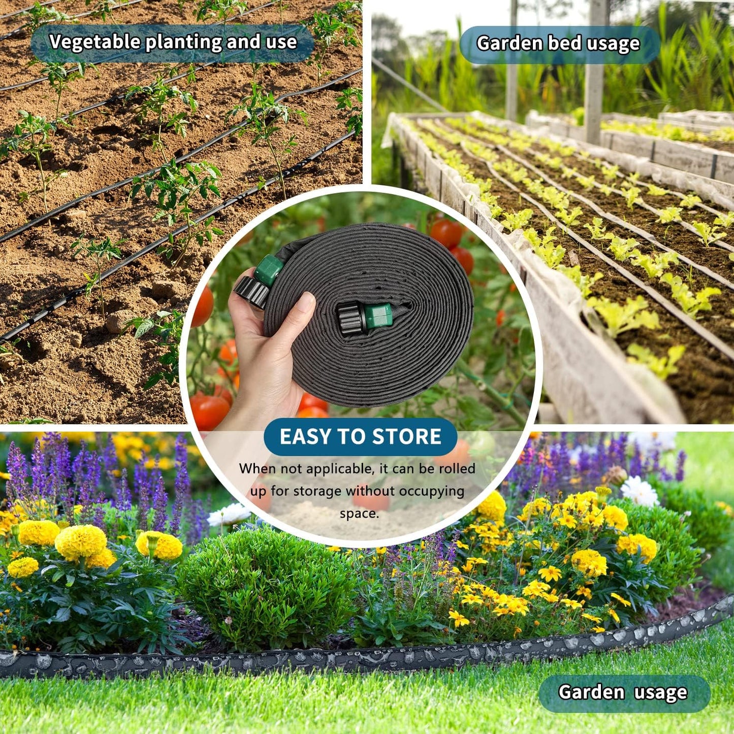 4 Pack Flat Soaker Hose 10FT for Garden Beds,Short Soaker Hose for Efficient & Effective Watering of Plants – Short Irrigation Drip Hose Easy to Install (10FT 4Pack)