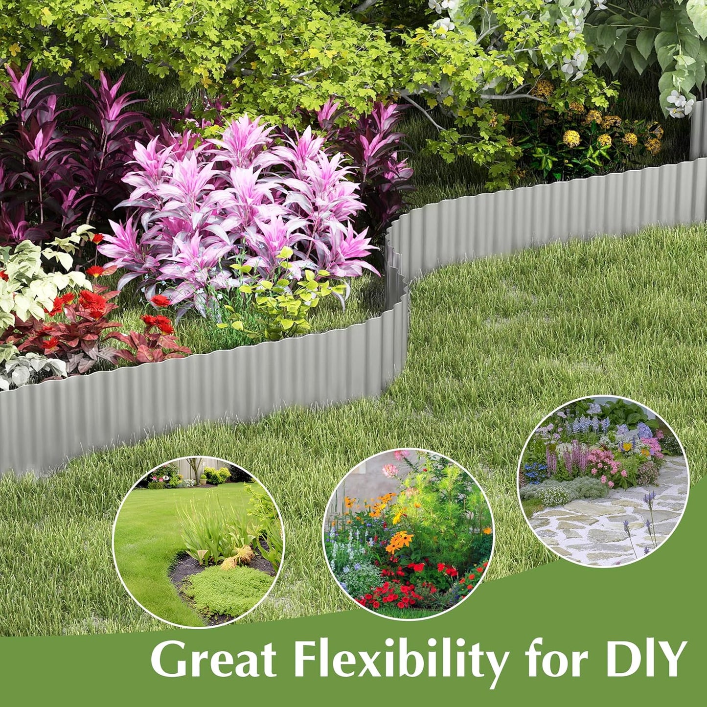 Metal Garden Edging Border, Corrugated Steel Landscaping, DIY for Lawn (Silver, 12 Inch x 20FT)