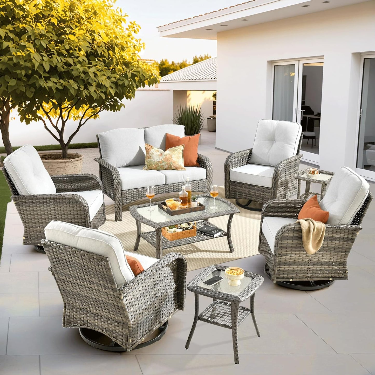 ovios 8 Pieces Patio Furniture Set, Outdoor Wicker Sofa with Swivel Chairs, Coffee Table, All Weather High Back Rattan Loveseat Couch with Comfy Cushions, Grey