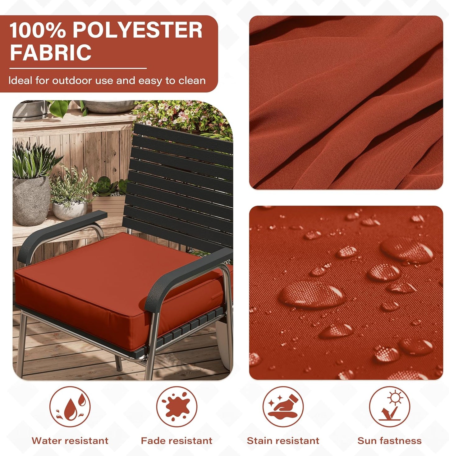 Patio Chair Cushions 24 X 24 X 5 Inch Waterproof Outdoor Seat Cushions for Patio Furniture, Outdoor Sofa Couch Pads with Ties & Handle, Set of 2, Terra Red