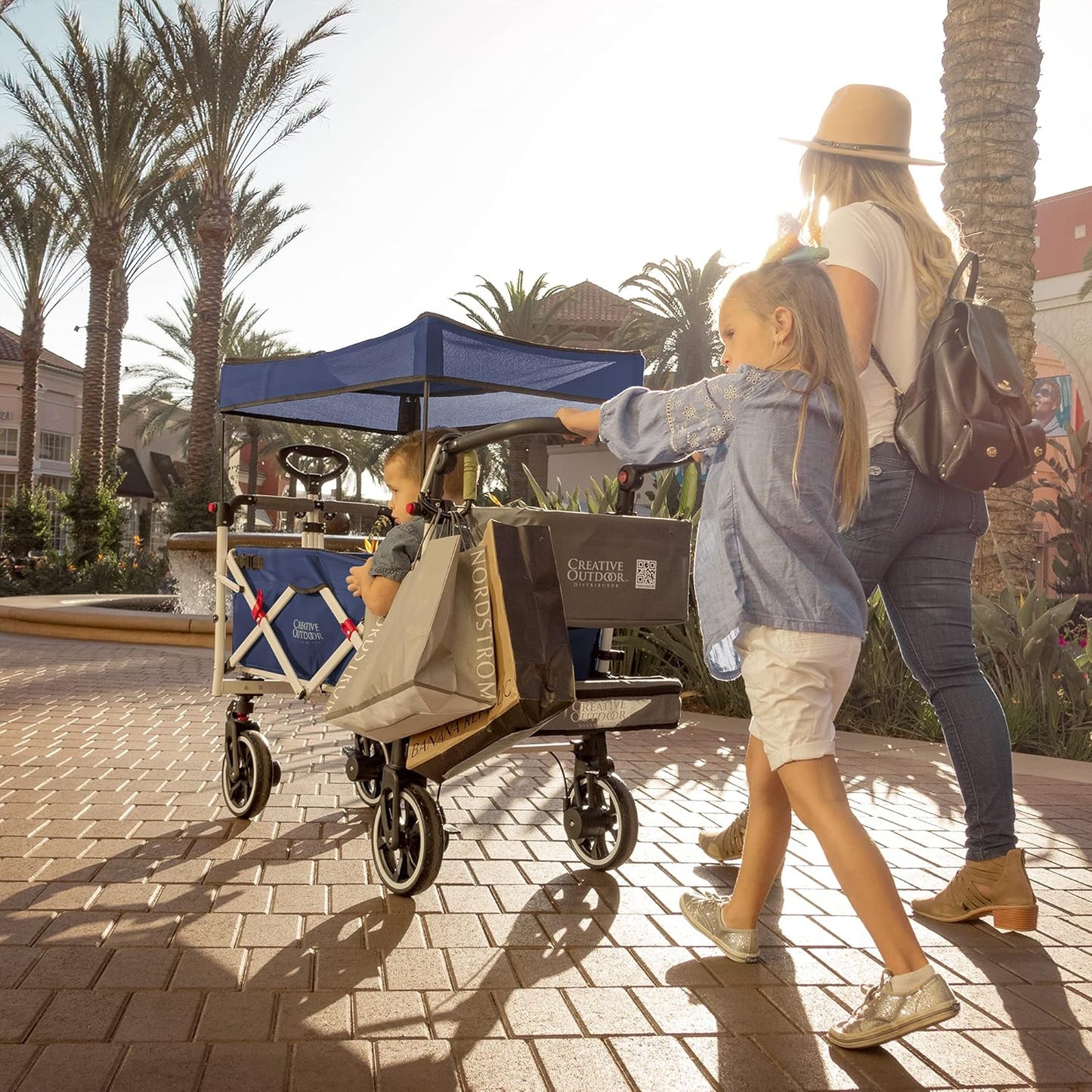 Creative Outdoor Wagon for Kids Push Pull Collapsible Stroller with Canopy Folding Cart | Titanium Series Plus | Beach, Park, Garden (Solid Navy Blue)