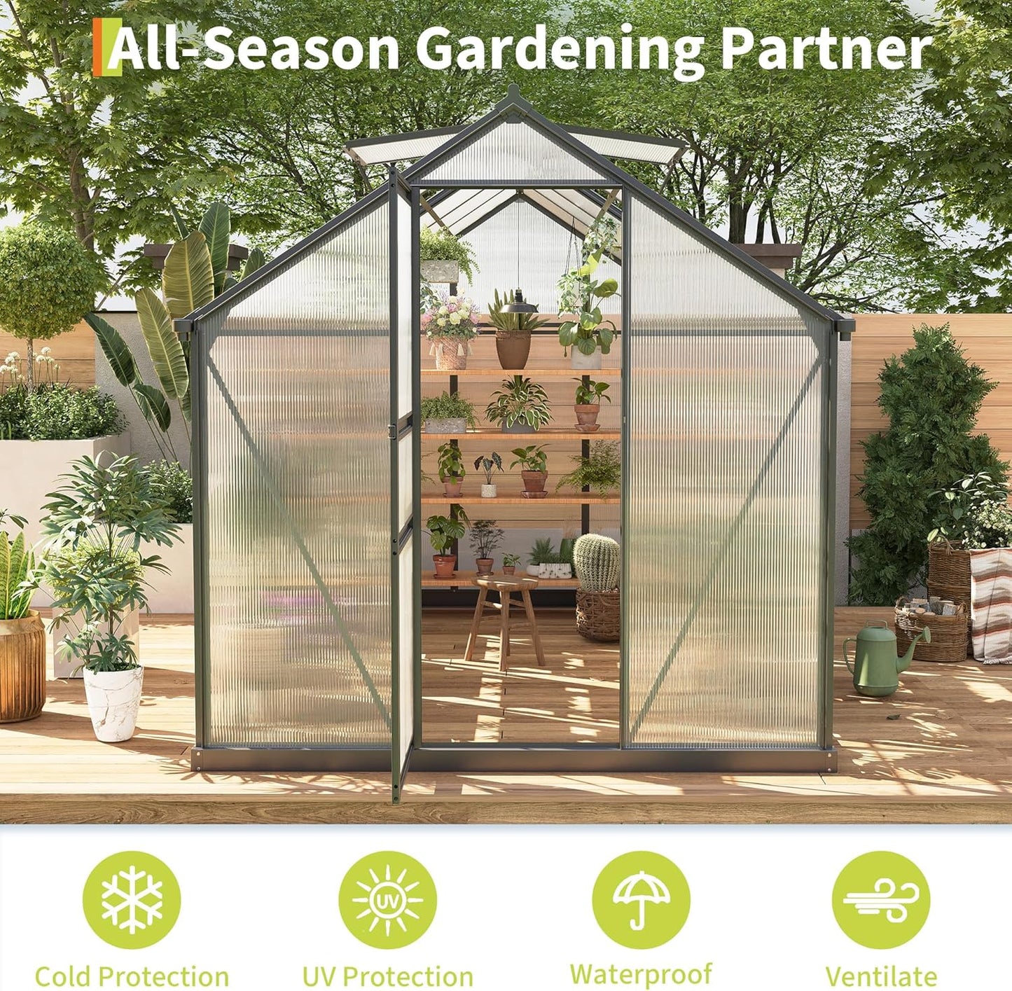 6*10 FT Outdoor Walk-in Greenhouse, Polycarbonate Green House, Heavy Duty Greenhouse with Vented Roof Window, Windproof Aluminum Frame, Suitable for Outside Gardening, Backyard, Patio