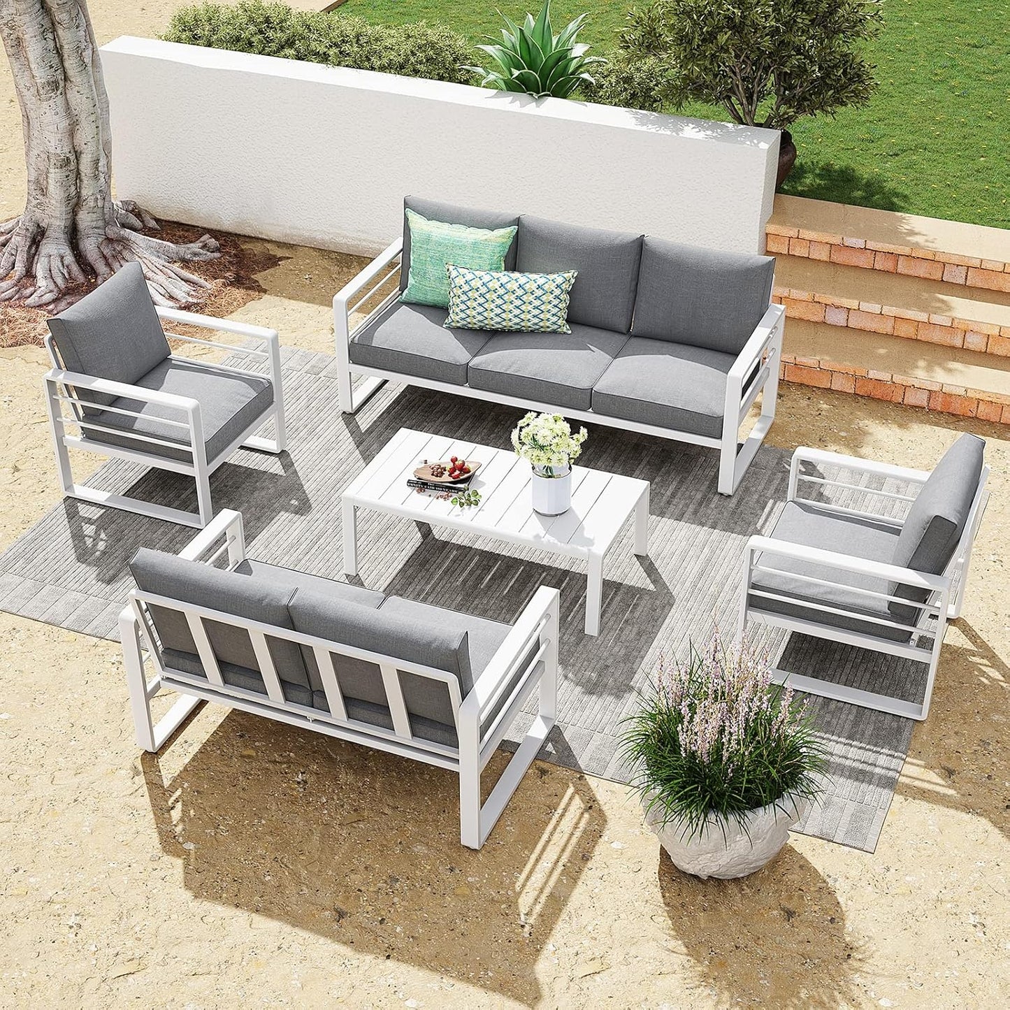 Patiorama Aluminum Patio Furniture Set, Outdoor Patio 3-Seater Sofa, 3 Seats Couch, All Weather White Metal Chair with Olefin Cushion, Deep Seating, 800 lbs Capacity, Deck, Garden-Grey Cushion