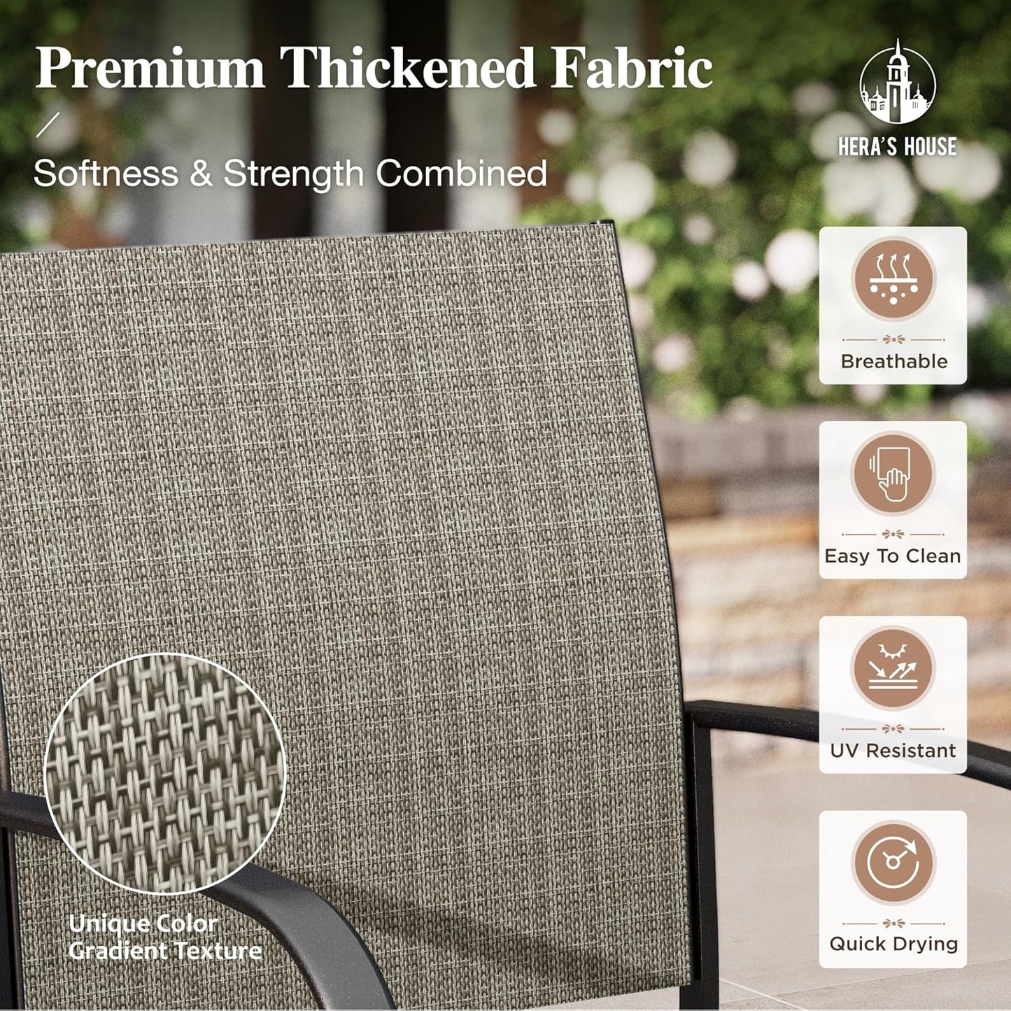 HERA'S HOUSE Patio Table and Chairs Set, 5 Pieces Outdoor Dining Set for 4, 4 x Brown Textilene Dining Chair, 37" Square Metal Dining Table with Umbrella Hole for Lawn Garden Backyard Deck