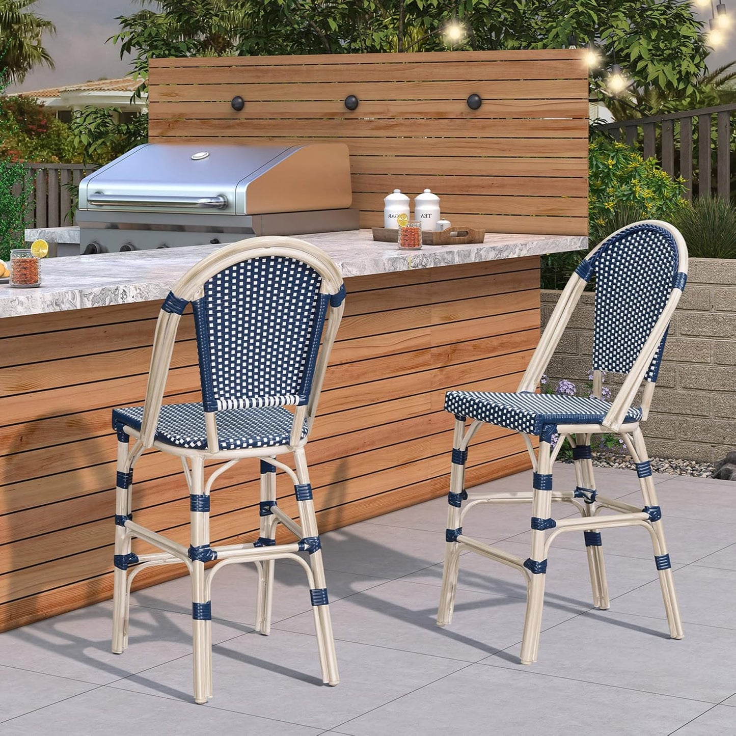 PURPLE LEAF French Bar Stool Set of 4 White Print Finish Patio Bar Stools with Back Rattan Bar Chairs Wicker Bar Height Stool 30" with Footrest Kitchen Island Stools Outdoor Barstool Royal Blue