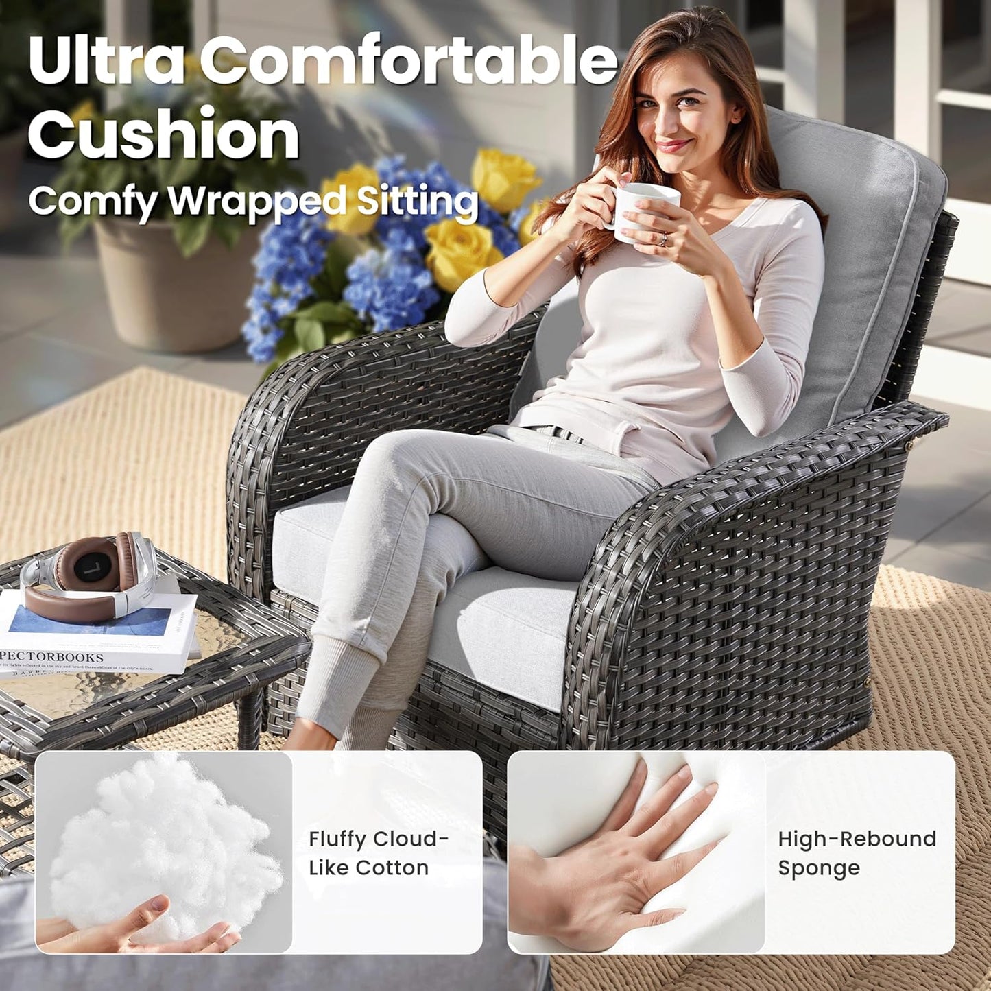 ovios 5 Pieces Patio Furniture Set, Outdoor Wicker Sofa with Swivel Chairs, Coffee Table, All Weather High Back Rattan Loveseat Couch with Comfy Cushions, Grey