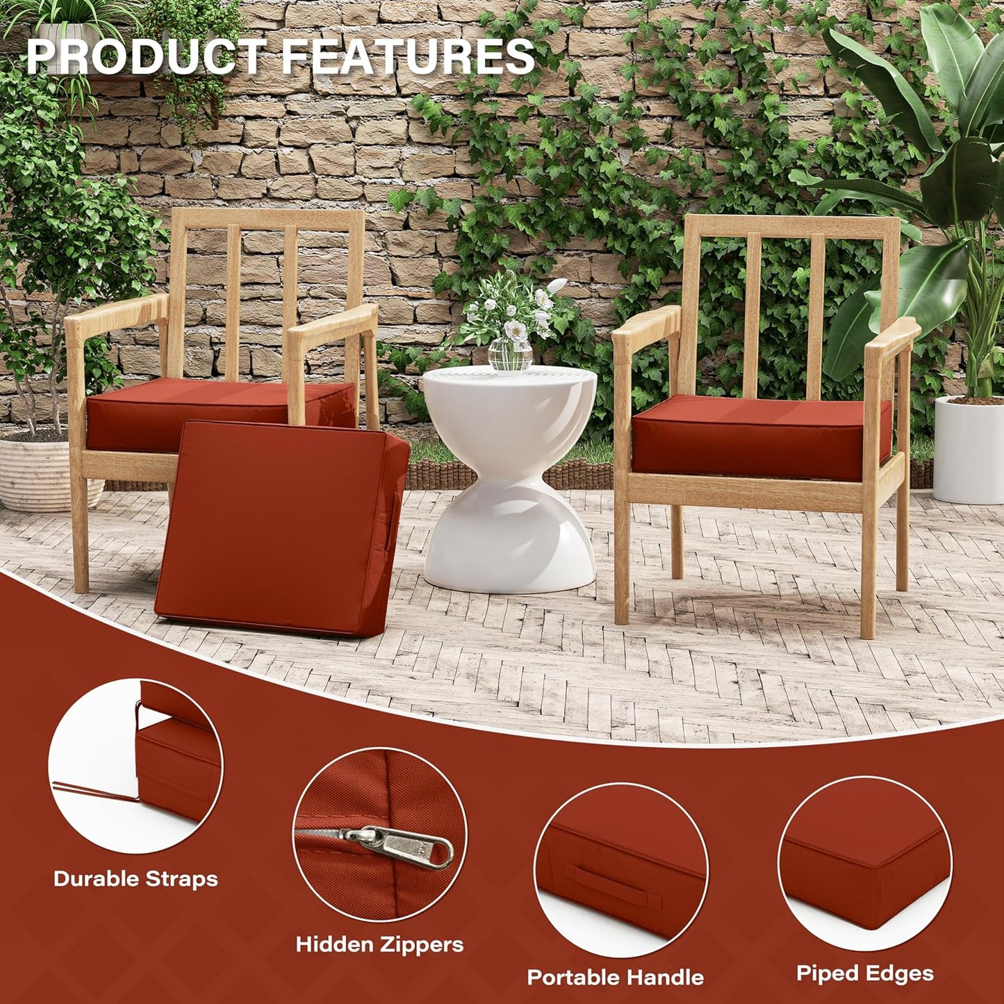 Patio Chair Cushions 18.5 X 16 X 4 Inch Waterproof Outdoor Seat Cushions for Patio Furniture, Outdoor Sofa Couch Pads with Ties & Handle, Set of 2, Terra Red