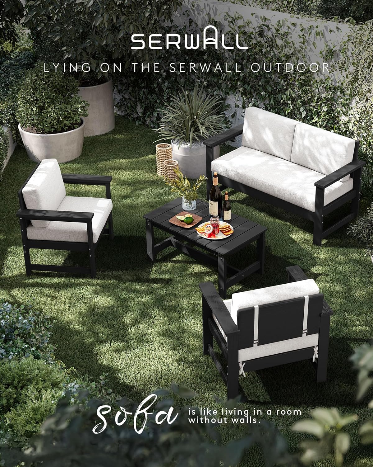SERWALL 8 Pieces HDPE Outdoor Conversation Sofa Set with Cushions, All Weather Use Patio Couch Loveseat Furniture with Side Table for Balcony, Deck, Poolside, Black Frame with Khaki Cushions