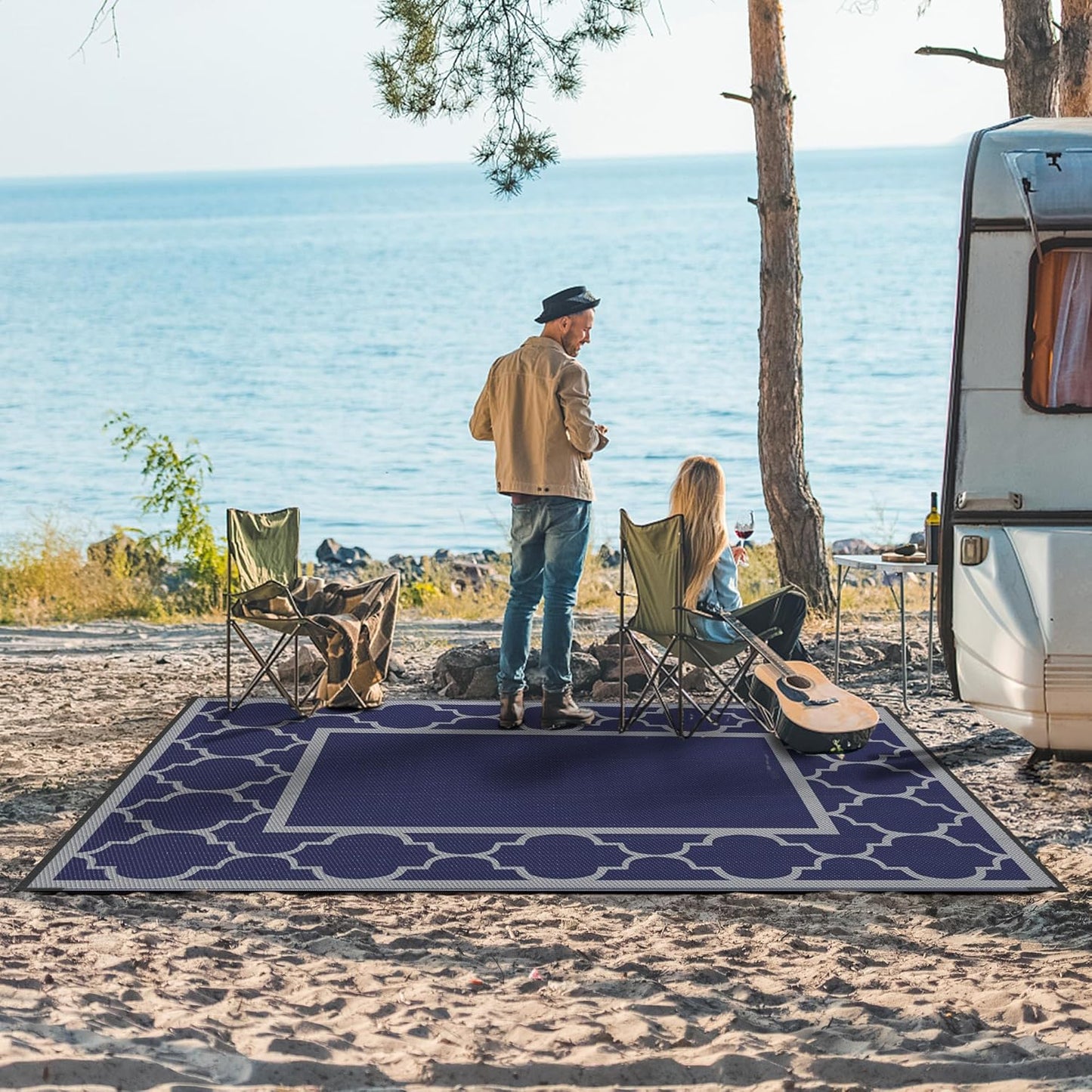 GENIMO Outdoor Rug 5' x 8' Patio Waterproof, Foldable Reversible Plastic Straw Area Rugs Mat for Camper Decor, Outside Carpet for Rv, Deck, Porch, Picnic, Beach, Balcony, Blue & Grey