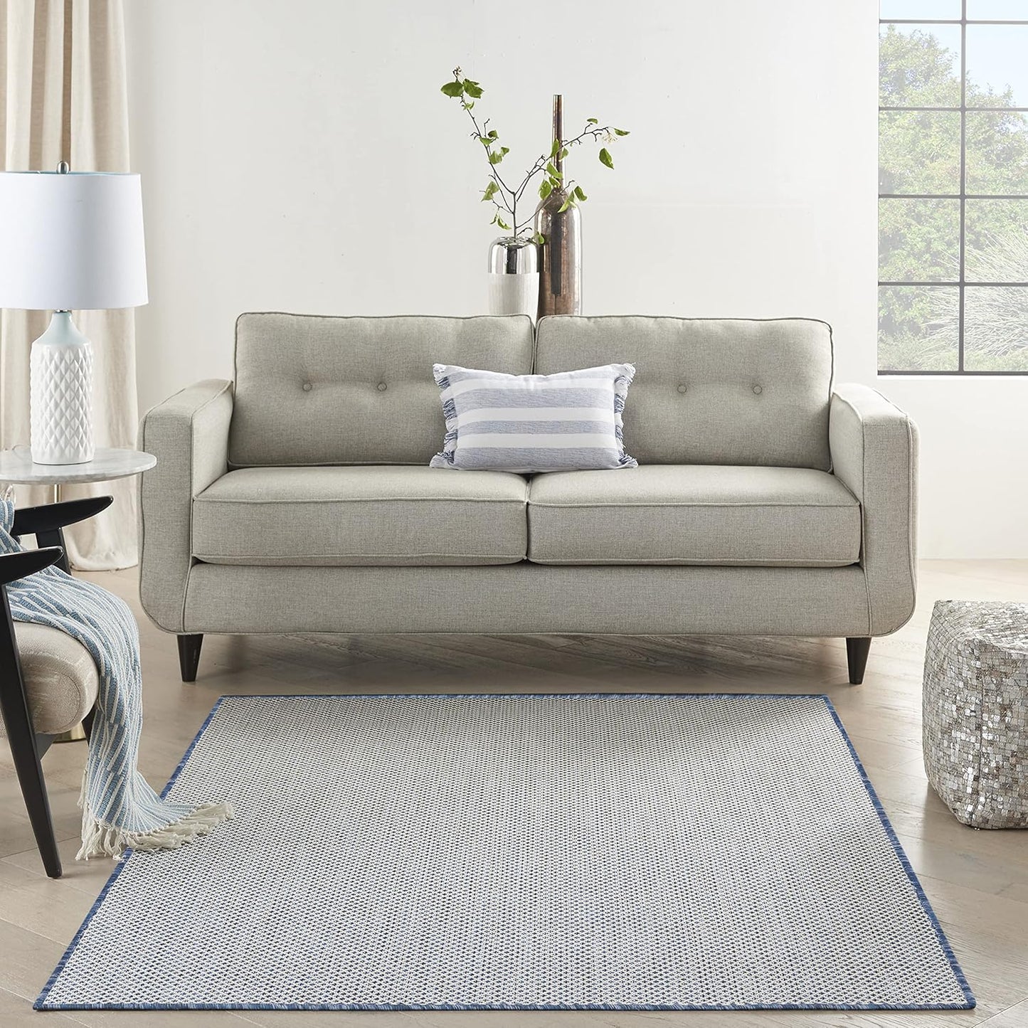 Nourison Courtyard Indoor/Outdoor Ivory Blue 6' x 9' Area Rug, Geometric, Easy Cleaning, Non Shedding, Bed Room, Living Room, Dining Room, Deck, Patio, Backyard (6x9)