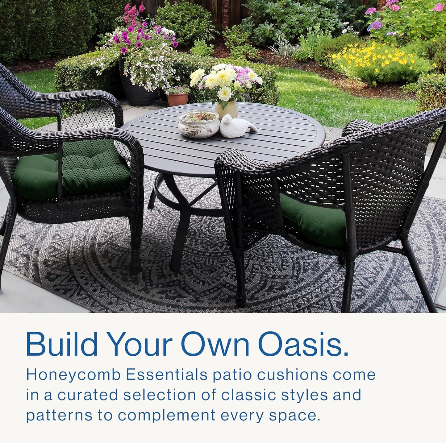 Honeycomb Outdoor Essentials Set of 2 Tufted Seat Pads, 19 x 18, Courtyard Geo Almond Dining Chair Cushions for Patio Furniture