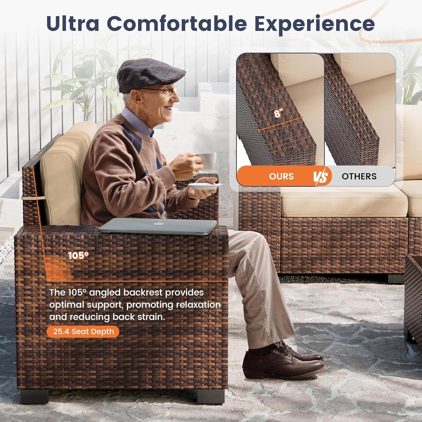 UDPATIO Patio Furniture Set, 8 Inch Armrest Patio Sectional Furniture, 6 Piece Wicker Outdoor Sectional Conversation Sets with Waterproof Cover and Coffee Table for Backyard Deck(Brown/Khaki)