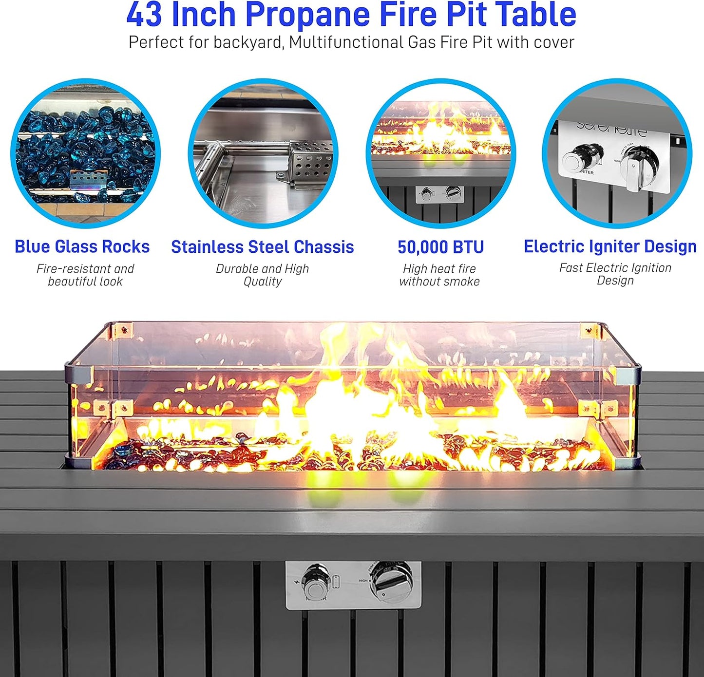 SereneLife 52 Inch Gas Fire Pit Table, 50,000 BTU Propane Pits for Outside with Steel Lid and Lava Rock, 2 in 1 Firepit Table Gatherings Parties on Patio Deck Garden Backyard