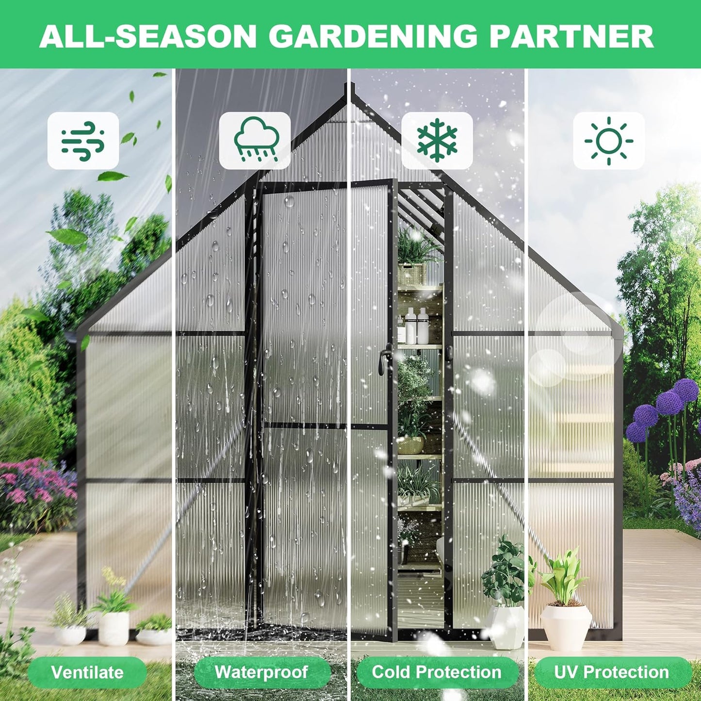 8'x10' Aluminum-Framed Polycarbonate Greenhouse, Heavy Duty Polycarbonate Greenhouse with Quick Setup Structure and Roof Vent, Large Enhanced Aluminum GreenhouseKit for Outdoors