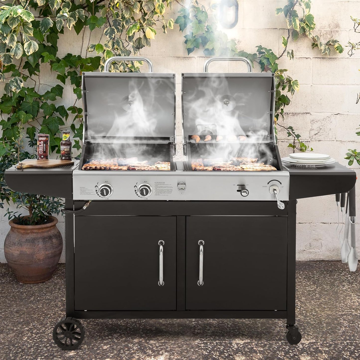 Royal Gourmet ZH3002N Propane Gas and Charcoal Grill Combo, Dual Fuel BBQ Grill with 2 Side Shelves for Outdoor Patio Garden Backyard Barbecue, 20,000 BTUs, Silver & Black