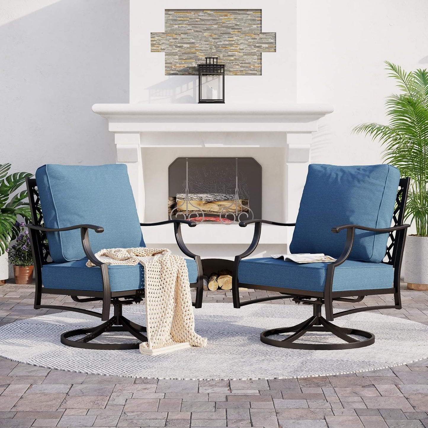 Metal Outdoor Swivel Patio Chairs Set of 2 with 5.75" Extra Thick Cushion, 2 Piece High Back Swivel Rocker Patio Chairs Outdoor Furniture Seating for Deck Balcony Front Porch, Navy