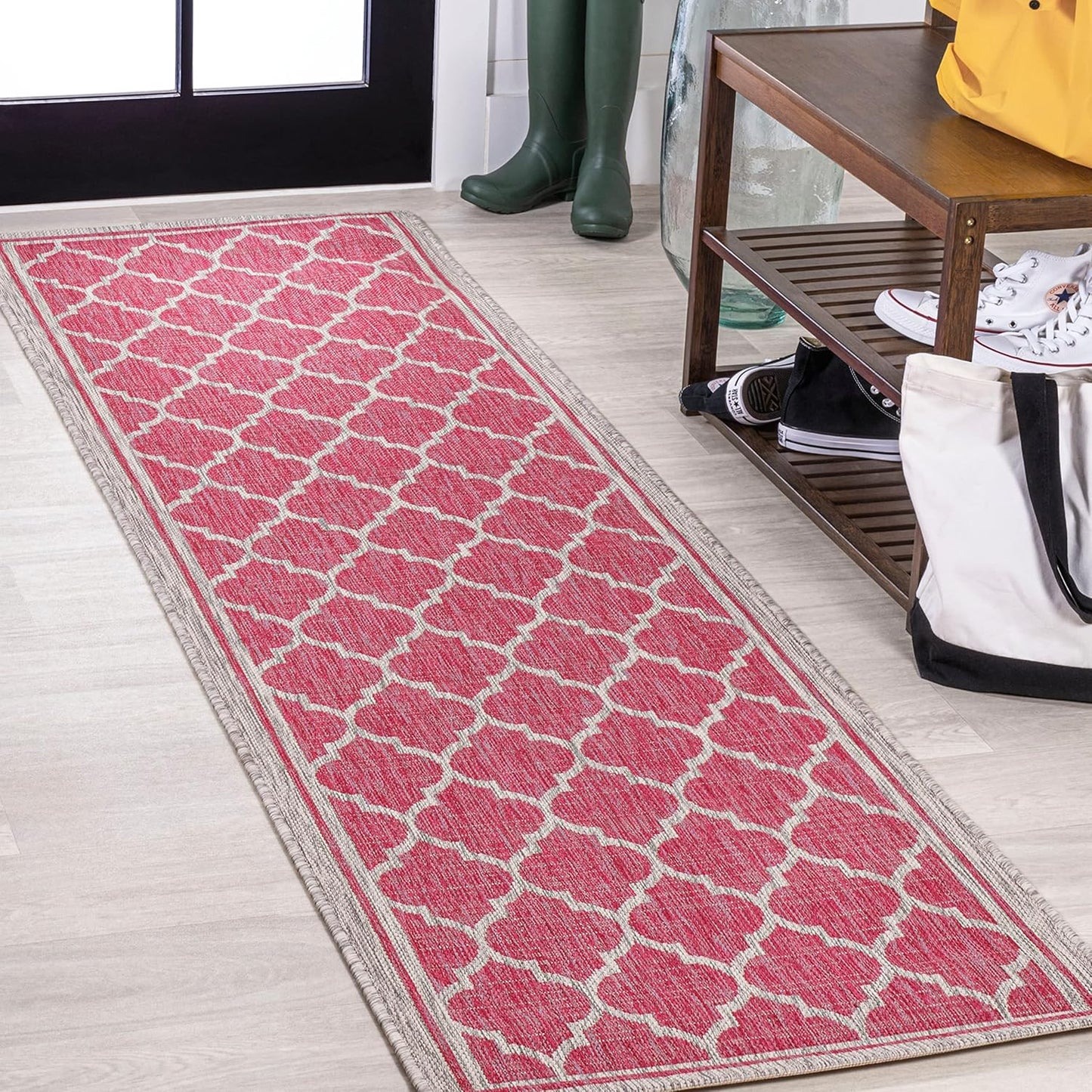 Eyely BMS109H-28 Santa Monica Trebol Moroccan Trellis Textured Weave Indoor/Outdoor Runner Rug Coastal;Bohemian, Bedroom, Backyard, Patio, Easy-Cleaning, Non-Shedding, 2 X 8, Fuchsia/Light Gray