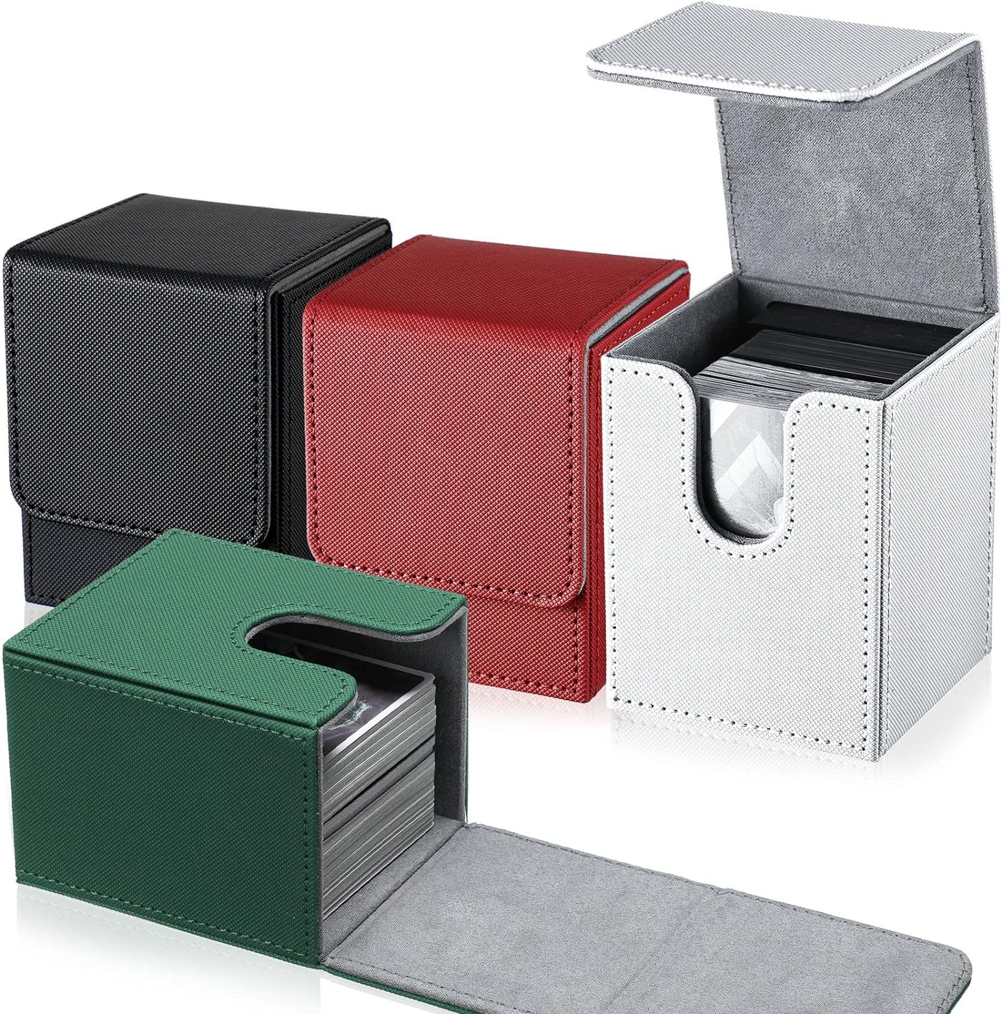 Yookeer 4 Pieces Leather Deck Card Boxes Cards Deck Game Box for Collectible Playing Card Box Compatible with MTG Commander(Black, White, Red, Green,Vertical)