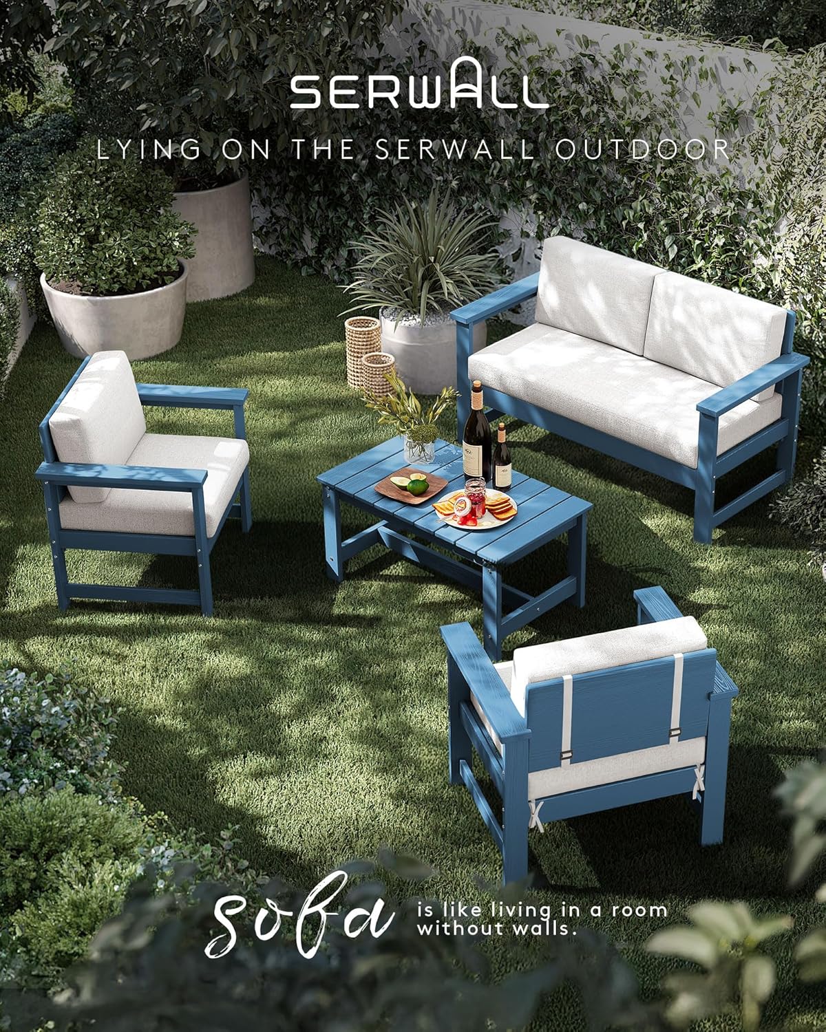 SERWALL 5 Pieces HDPE Outdoor Sofa Set with Cushions, All Weather Use Patio Conversation Couch Loveseat Furniture with Coffee Table for Balcony, Deck, Poolside, Blue Frame with Khaki Cushions