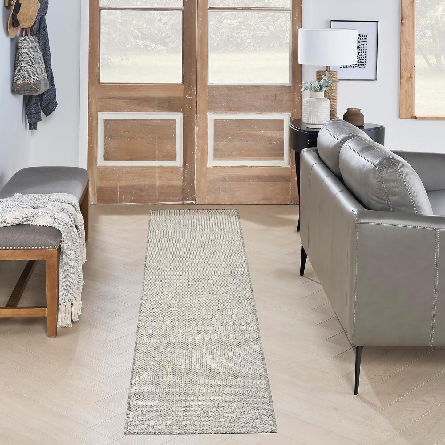 Nourison Home Courtyard Indoor/Outdoor Ivory Silver 2'2" x 20' Area Rug, Easy Cleaning, Non Shedding, Bed Room, Living Room, Dining Room, Backyard, Deck, Patio (2x20)
