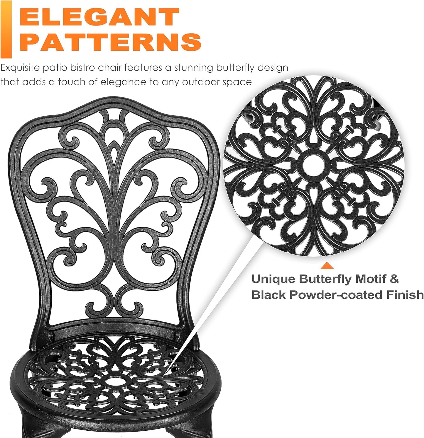 NUU GARDEN 3 Piece Outdoor Bistro Table Set, All Weather Cast Aluminum Patio Bistro Sets Patio Table and Chairs Set of 2 with Umbrella Hole for Yard, Garden, Balcony, Black
