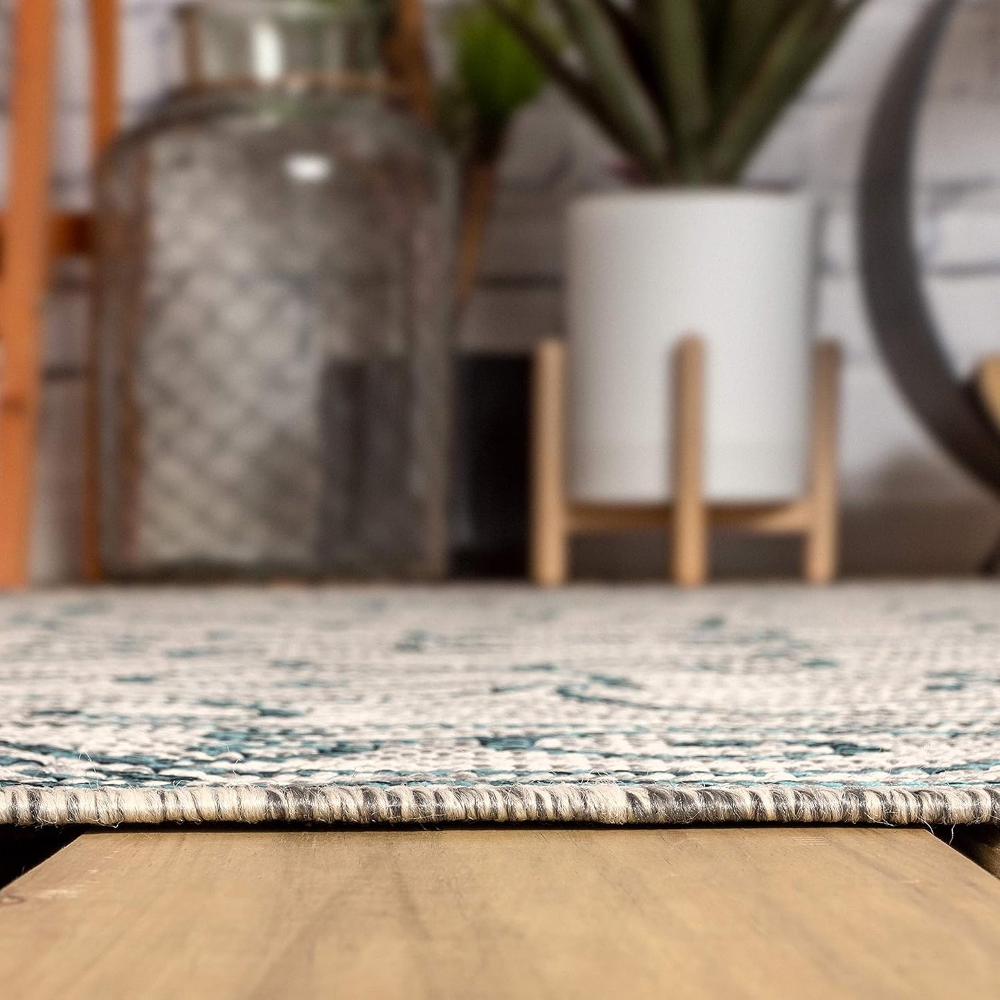 JONATHAN Y SMB106E-8SQ Charleston Vintage Filigree Textured Weave Gray/Teal 8' Square Indoor/Outdoor Area Rug, Pet Friendly, Non-Shedding, Stain Resistant, Easy-Cleaning for Backyard, Patio, Porch
