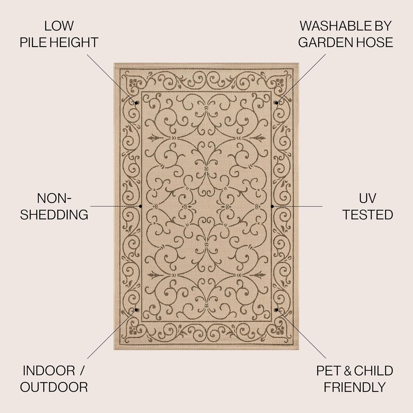JONATHAN Y SMB106A-6 Charleston Vintage Filigree Textured Weave Beige/Brown 6 ft. x 9 ft. Indoor/Outdoor Area Rug, Pet Friendly, Non-Shedding, Stain Resistant, Easy-Cleaning for Backyard, Patio