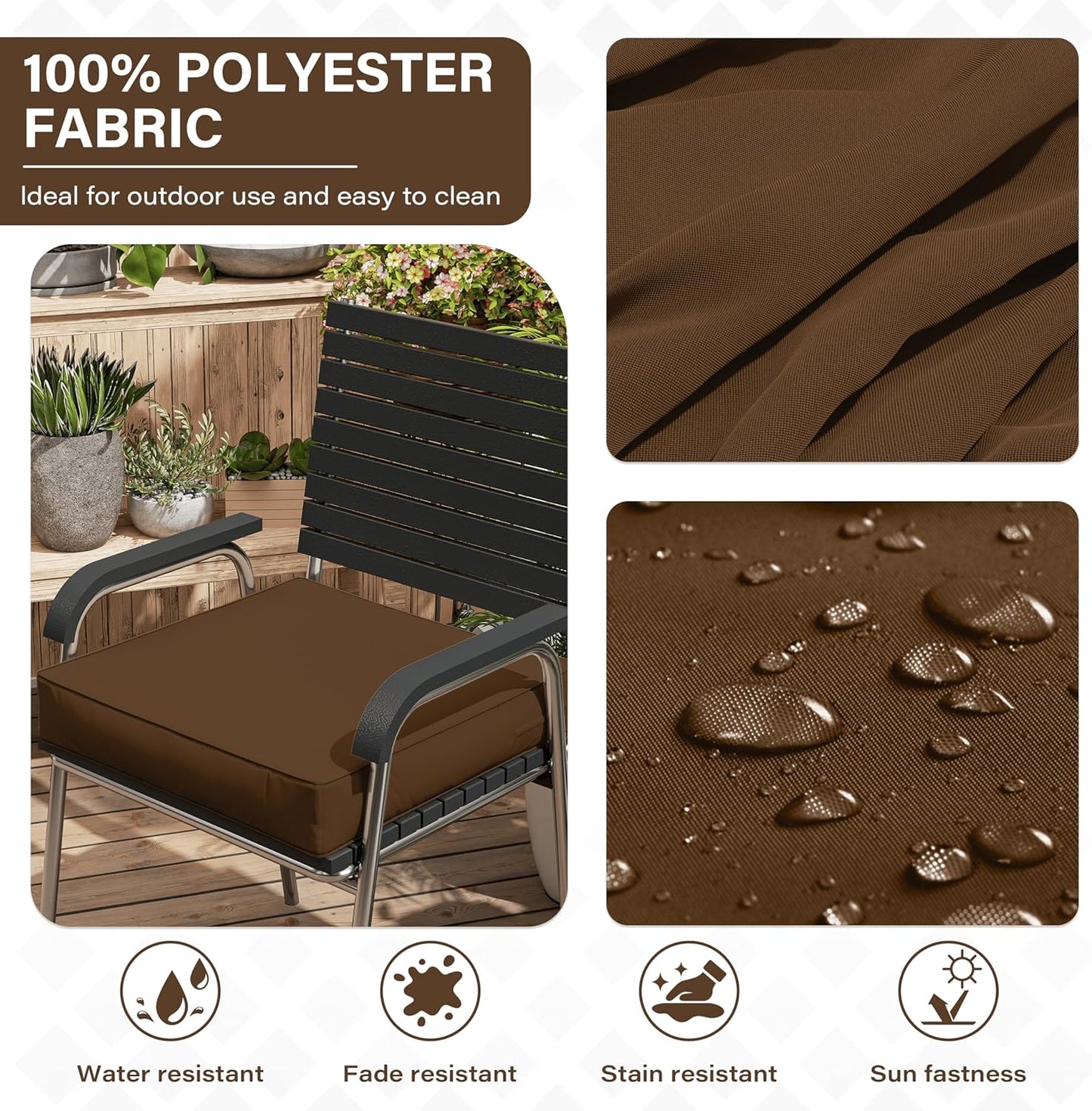 Patio Chair Cushions 18.5 X 16 X 4 Inch Waterproof Outdoor Seat Cushions for Patio Furniture, Outdoor Sofa Couch Pads with Ties & Handle, Set of 2, Chocolate