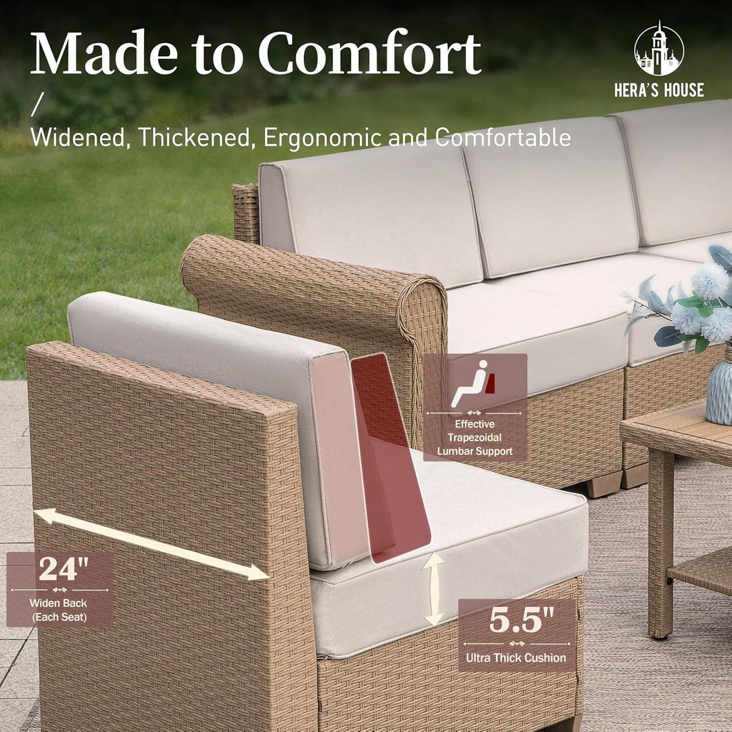 HERA'S HOUSE Patio Furniture Set, All Weather 7 Seats Outdoor Sectional Wicker Sofa with 44" Coffee Table, 5.5" Thick Waterproof Cushion 8 Piece Modular Conversation Sofa Set for Garden Deck Backyard