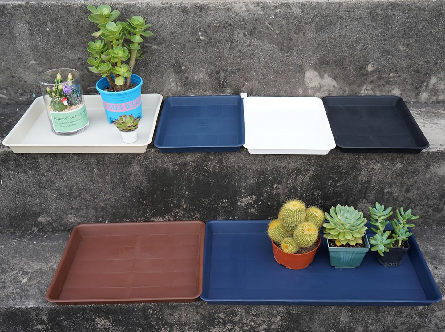 4 Pack Plant Saucer Tray Rectangular, Plant Saucers for Indoors, Heavy Sturdy Plastic Plant Drainage Trays, Plant Drip Trays for Pots, Seed Starter Growing Tray (11 x 9 inch, Beige)