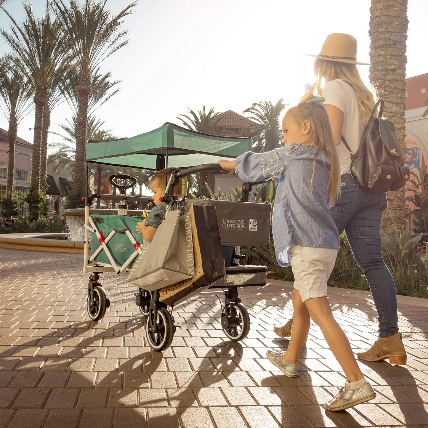 Creative Outdoor Wagon for Kids Push Pull Collapsible Stroller with Canopy Folding Cart | Titanium Series Plus | Beach, Park, Garden (Solid Teal)
