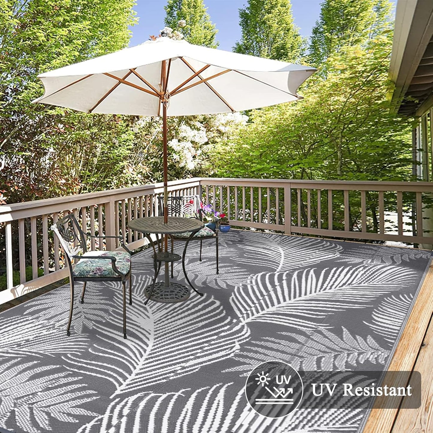 Pauwer Waterproof Outdoor Rug 8x10, Reversible Plastic Straw Patio Camping Rug, Indoor Outdoor RV Mat Carpet for Deck, Camper, Porch, Balcony, Backyard, Picnic, Leaf Grey