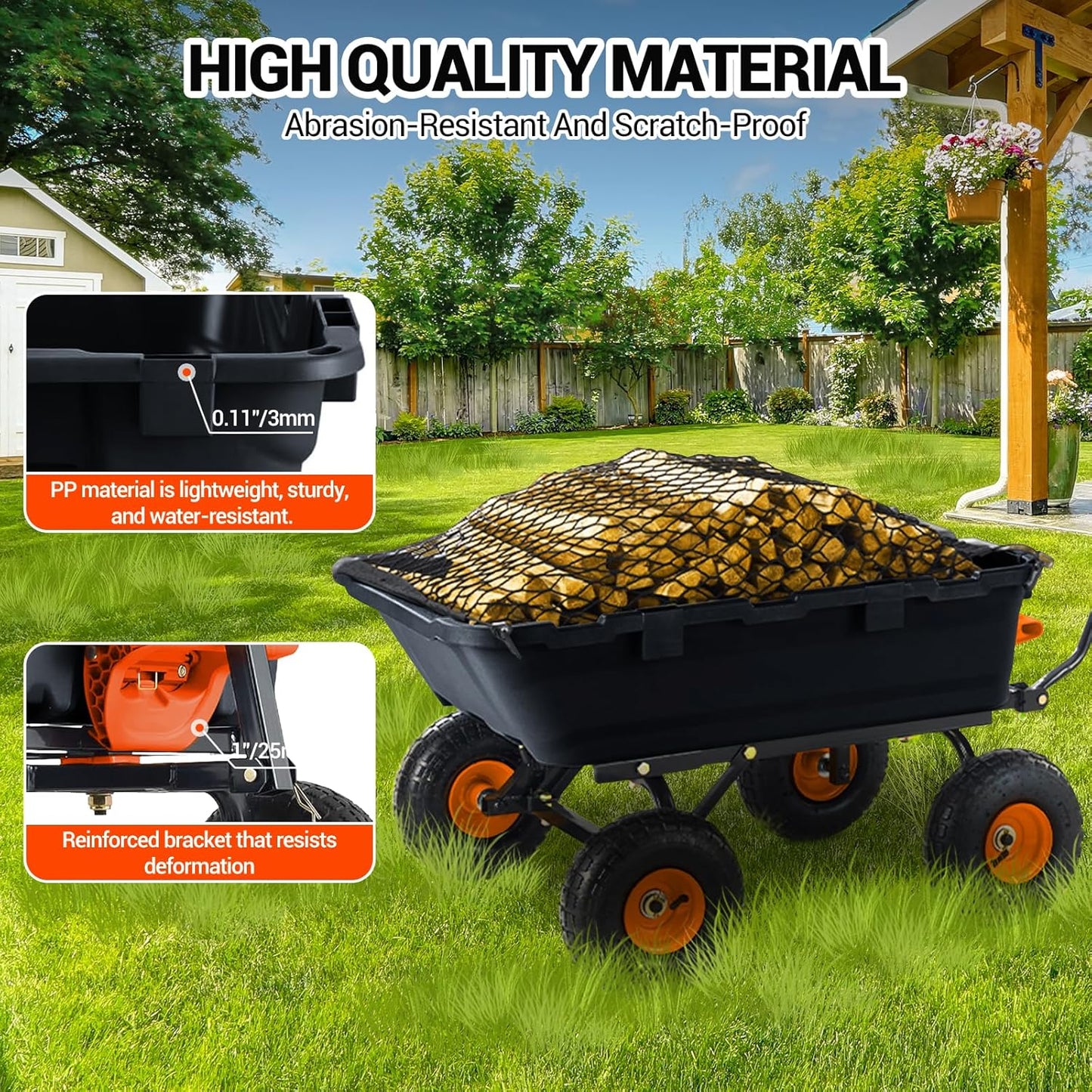 800 lbs Poly Garden Dump Cart, Heavy-Duty Wheelbarrow with 10-Inch Tires, 180° Rotating Handle, Steel Frame and Quick Release System Garden Dump Cart for Soil Plants Gardening Tools Wood