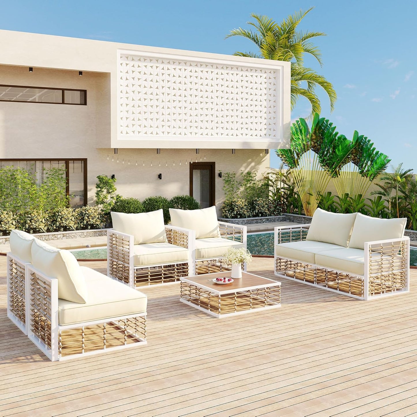7-Piece Metal Patio Sectional Sofa Set, Free Combination Sofa Set with Coffee Table, All-Weather Garden Conversational Furniture Set with Thick Cushions and 8 Pillows (White Frame+Beige Cushion)