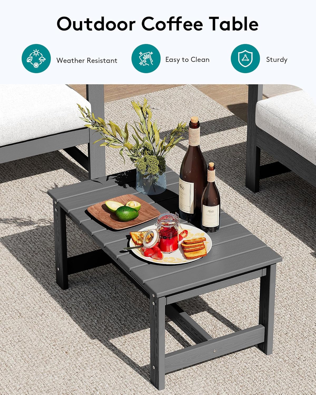 SERWALL 2 Pieces Single Cushioned Sofa Chair, Grey HDPE Outdoor Adirondack Lounge Armchair with Khaki Cushion