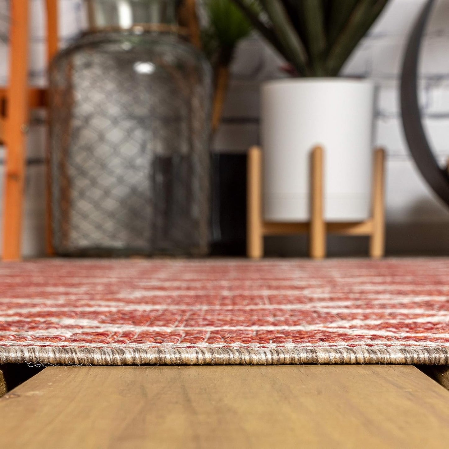 Eyely BMS109C-5SQ Santa Monica Trebol Moroccan Trellis Textured Weave Indoor/Outdoor Area Rug Coastal;Bohemian, Bedroom, Backyard, Patio, Easy-Cleaning, Non-Shedding, 5' Square, Red/Beige