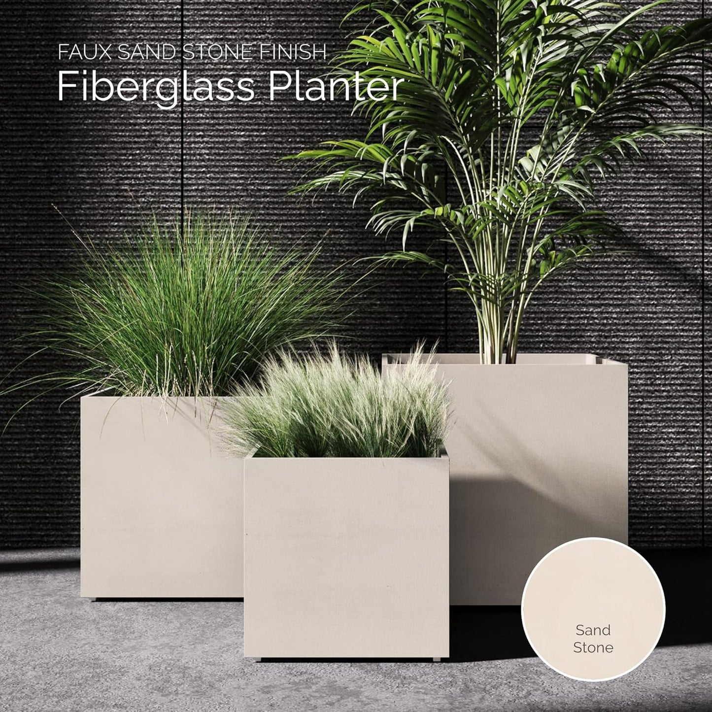 Reglito Cube Planter – Fiberglass Indoor/Outdoor and Weather-Resistant Large Planter (Sand Stone, 27.6" L x 27.6" W x 28.1" H)
