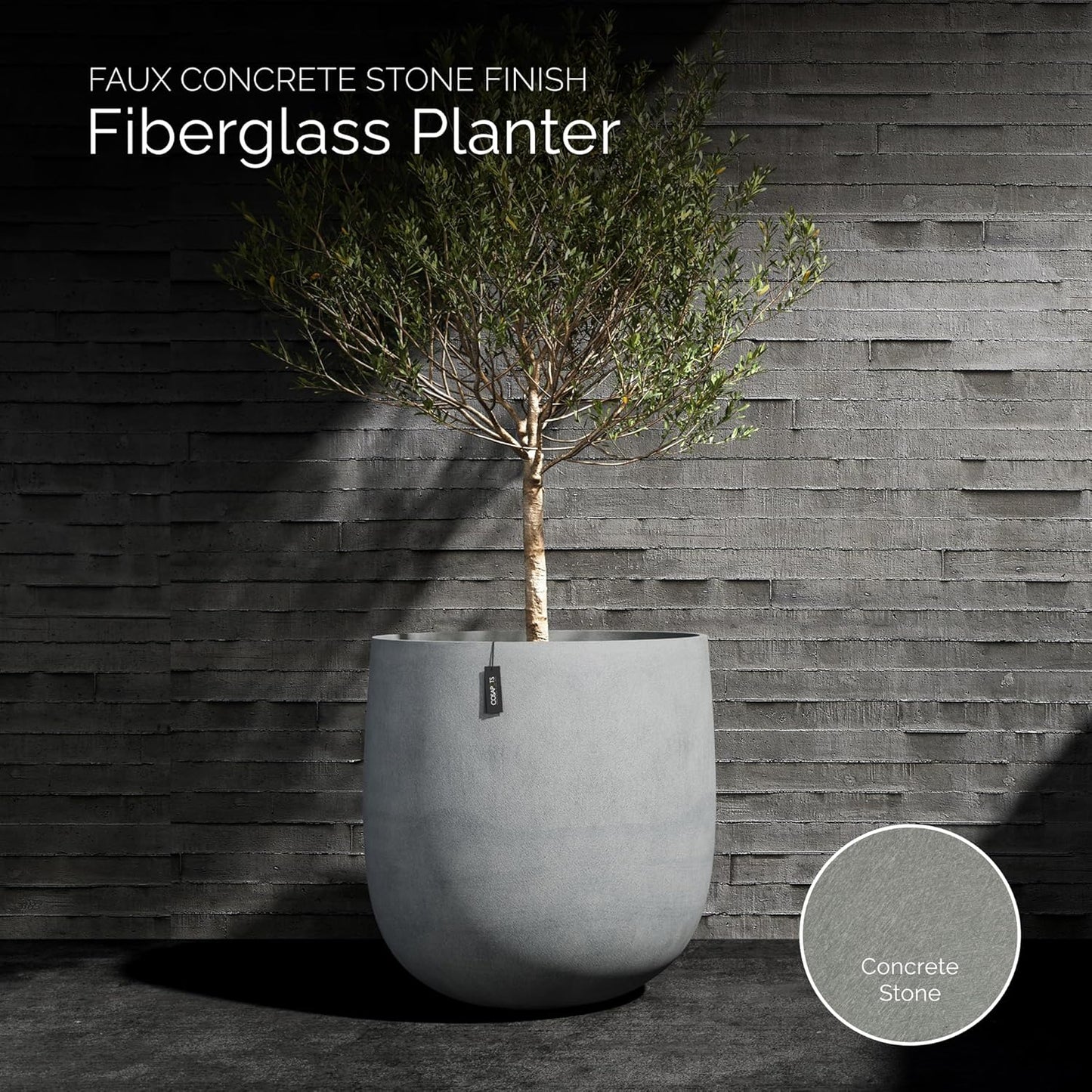 Mondo Large Planter – Concrete Stone Finish – Fiberglass Indoor/Outdoor and Weather-Resistant Round Planter (39.4" D x 40" H Exterior, 37.8" D x 39.4" H Interior)