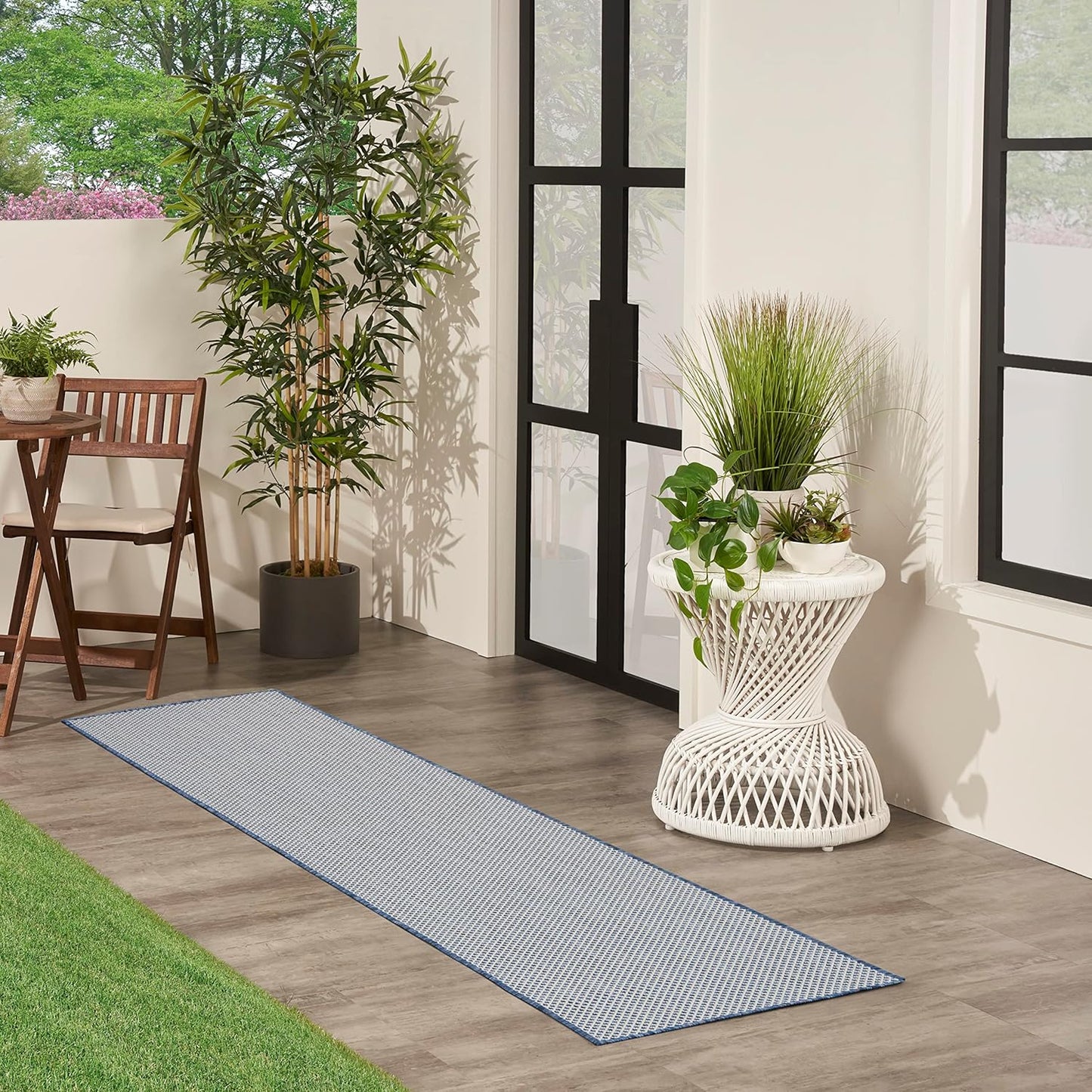 Nourison Home Courtyard Indoor/Outdoor Ivory Blue 2'2" x 8' Area Rug, Easy Cleaning, Non Shedding, Bed Room, Living Room, Dining Room, Backyard, Deck, Patio (2x8)
