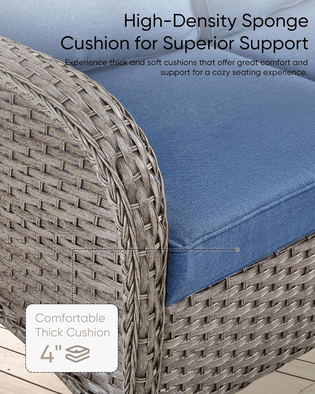 HUMMUH Wicker Patio Furniture Set-All Weather Rattan Patio Sofa Set with Swivel Rocker Chairs Outdoor Conversation Set for Deck Lawn Porch Balcony Poolside-Grey/Blue