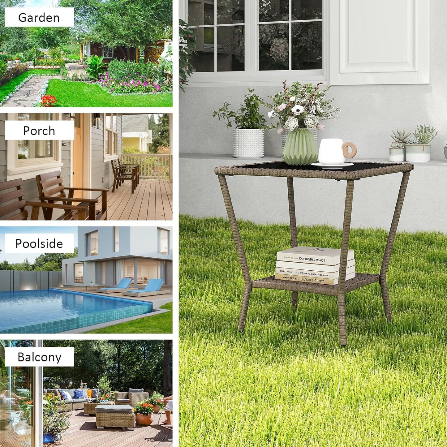 Outdoor Small Patio Table - PE Rattan Coffee Table, Wicker Side Table for Patio, Balcony & Porch, Durable & Iron Frame (2, Sesame Brown)